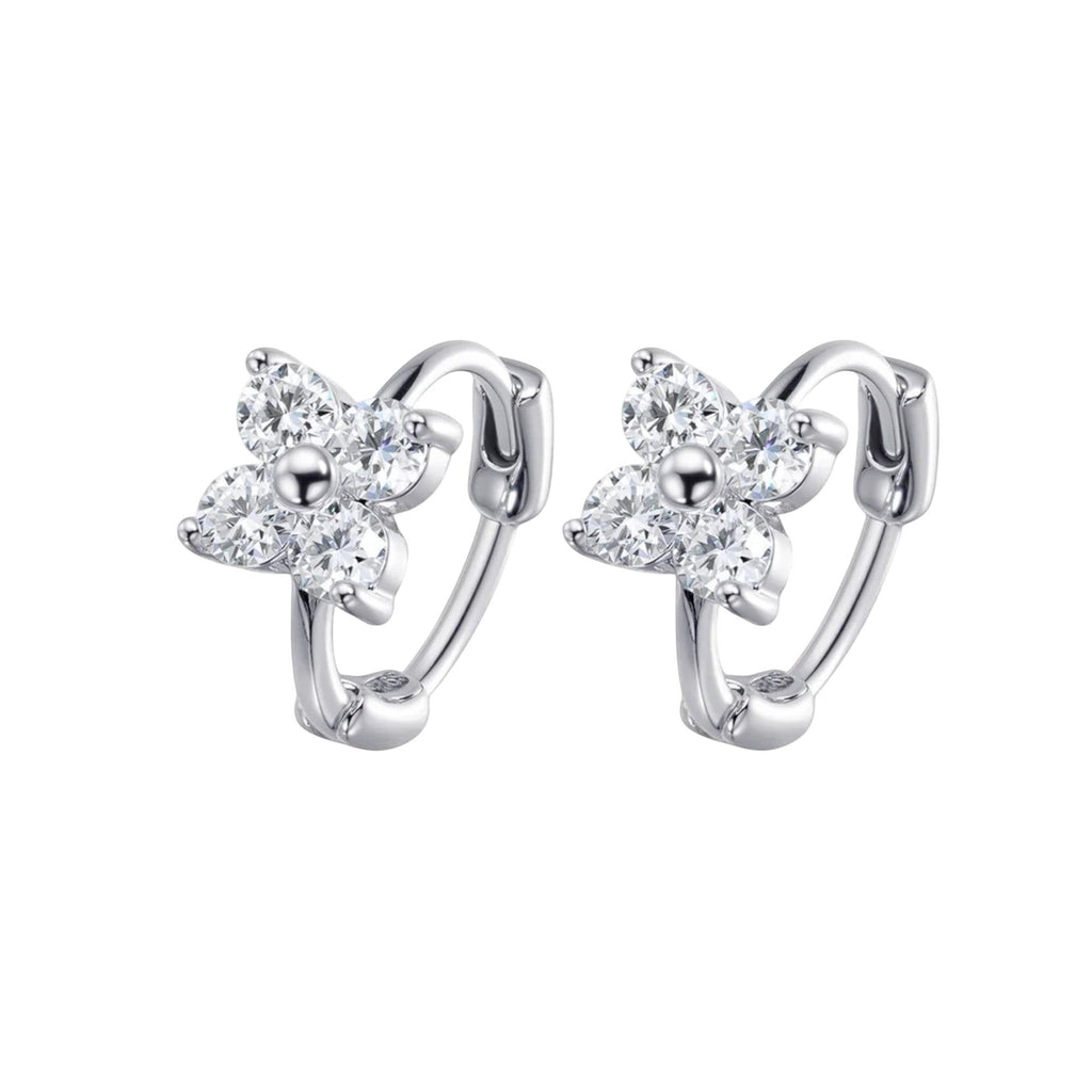 Bee-Bee's 3mm moissanite hoop earrings in sterling silver with a flower design. D color VVS1 stones.