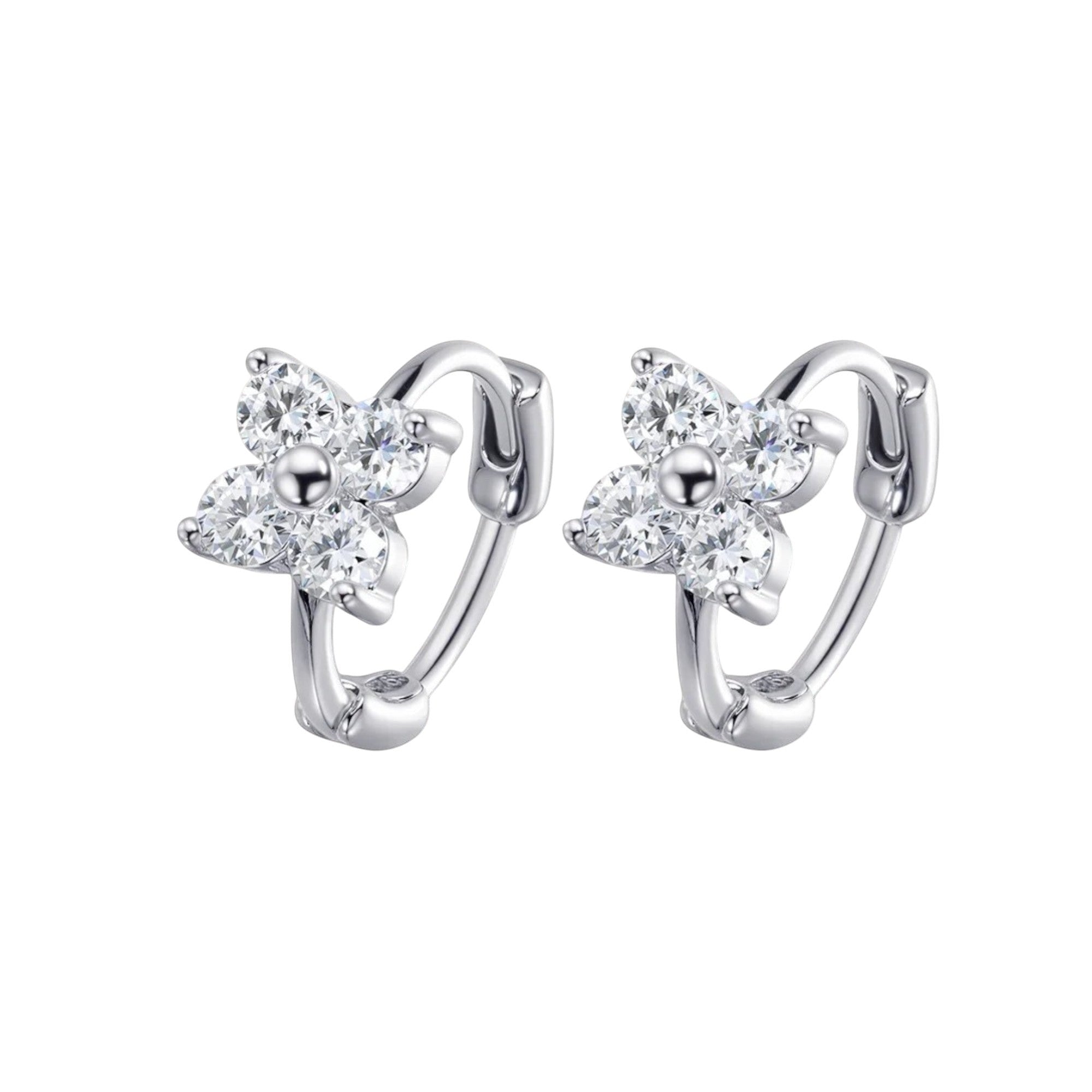 Bee-Bee's 3mm moissanite hoop earrings in sterling silver with a flower design. D color VVS1 stones.