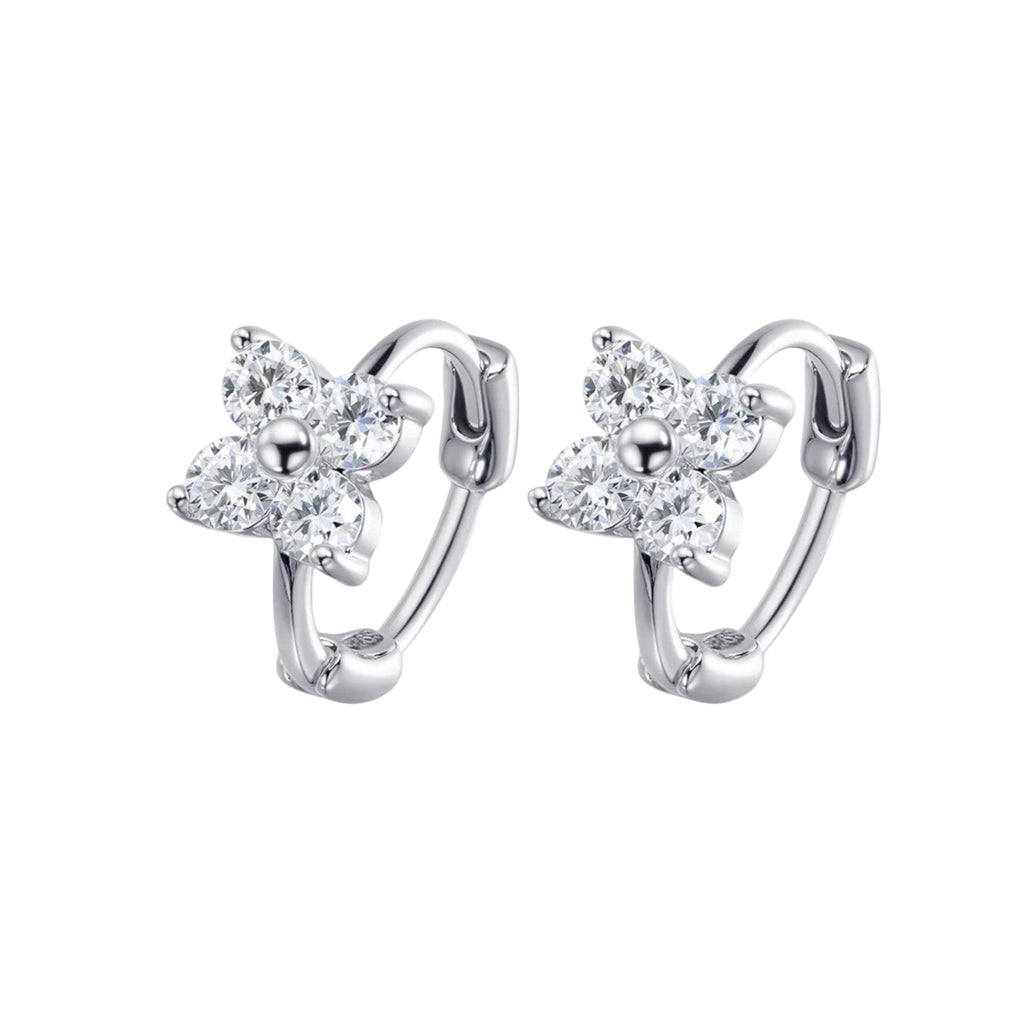 Bee-Bee's 3mm moissanite hoop earrings in sterling silver with a flower design. D color VVS1 stones.