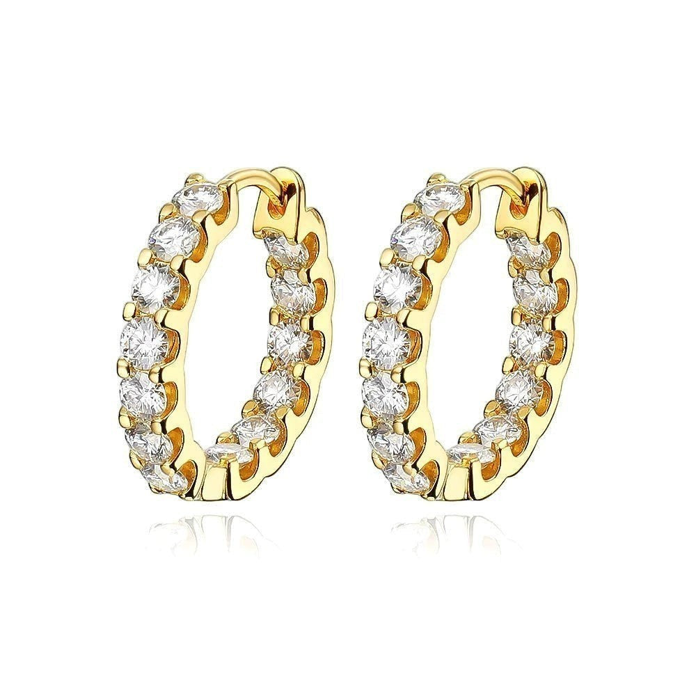 Bee-Bees 2.6ctw Moissanite eternity hoop earrings in 18k white gold plated silver with round brilliant cut stones.