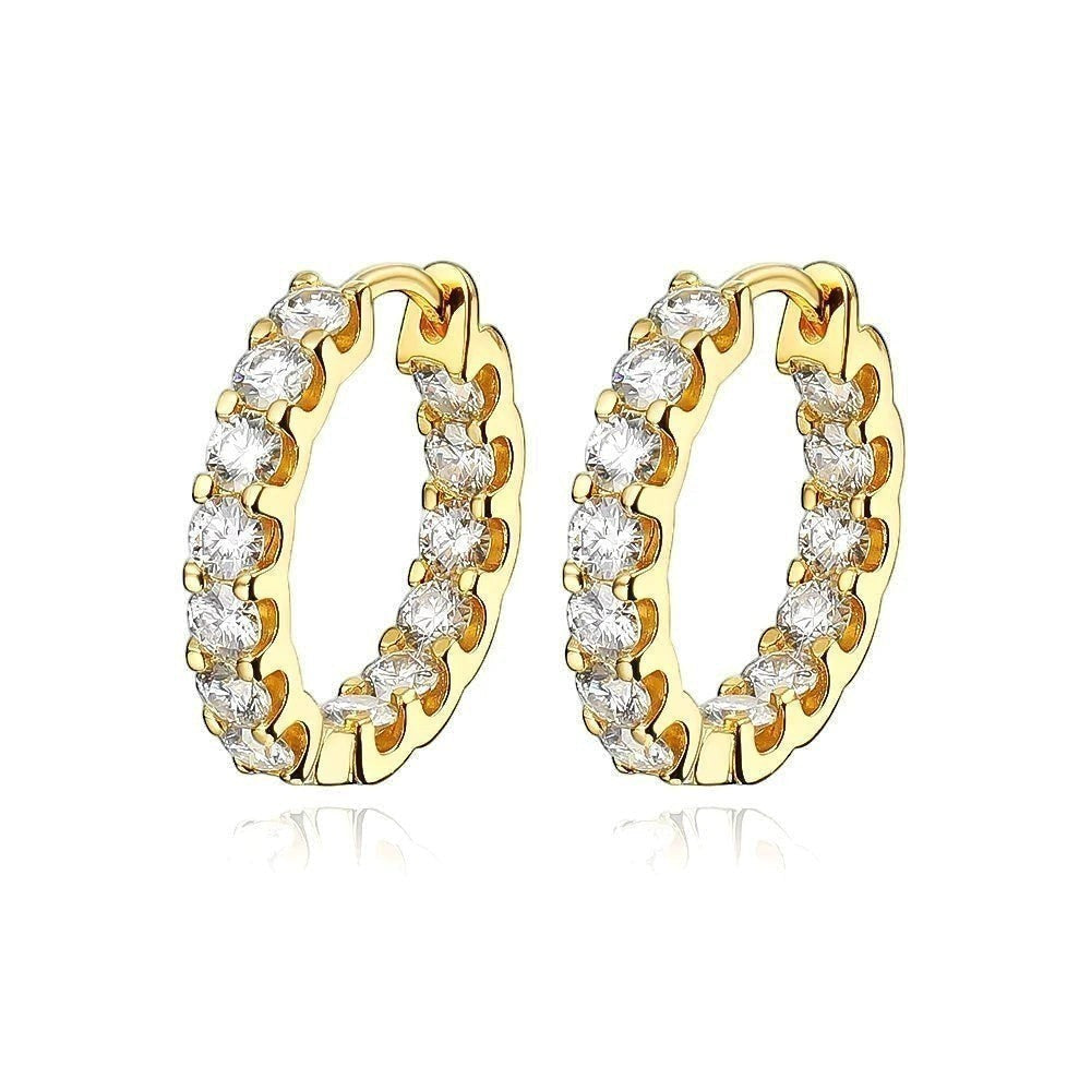 Bee-Bees 2.6ctw Moissanite eternity hoop earrings in 18k white gold plated silver with round brilliant cut stones.
