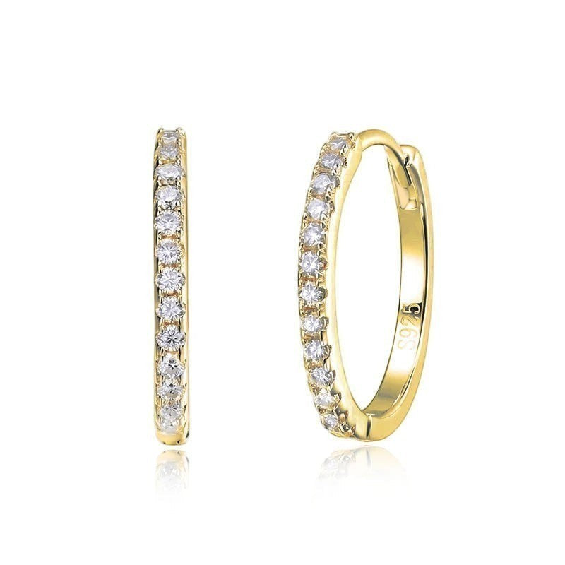 Bee-Bee's gold plated sterling silver hoop earrings with D Color VVS1 moissanite stones.