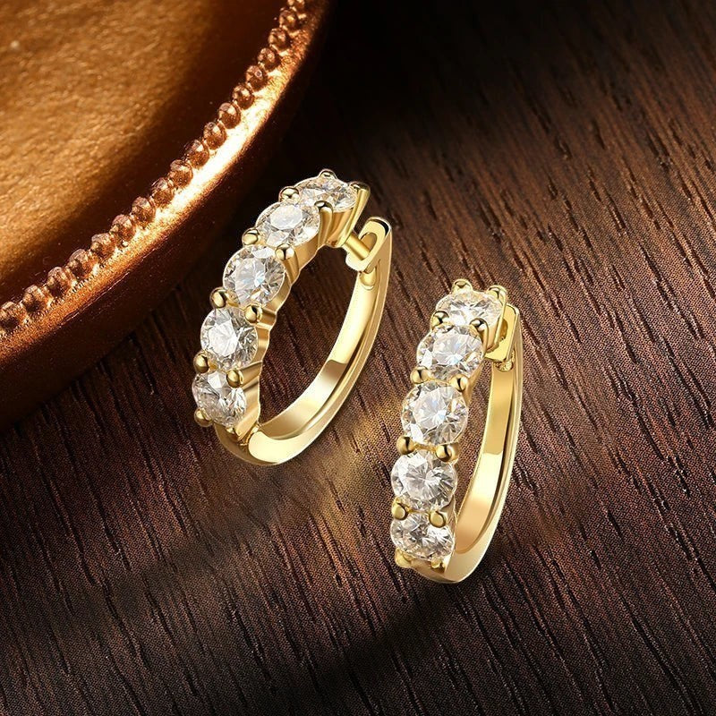 Bee-Bees gold plated sterling silver hoop earrings with 3mm & 4mm round moissanite stones, GRA certified.