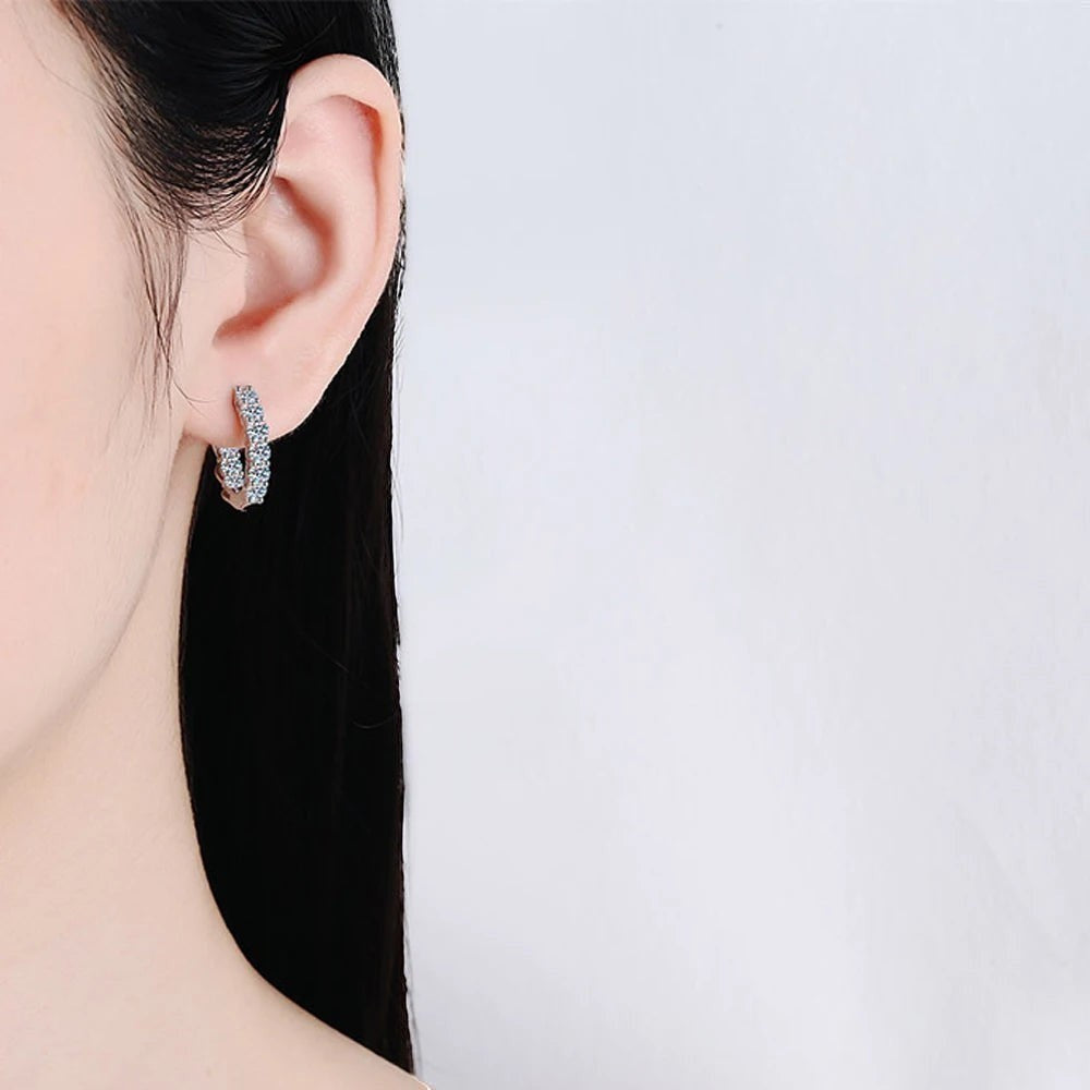 Bee-Bee's D Color Moissanite hoop earrings in sterling silver with white gold plating, 3mm stones.