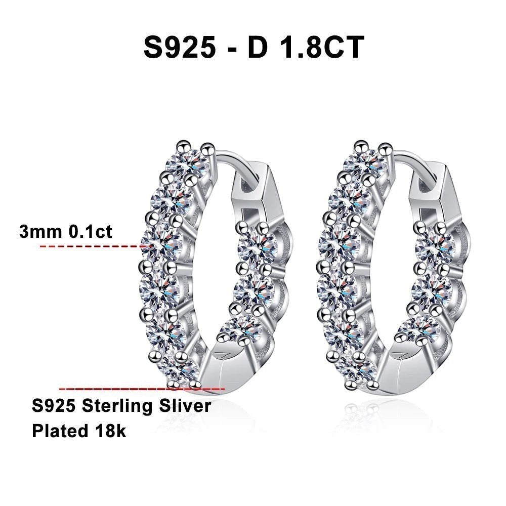 Bee-Bees D Color Moissanite 3mm full hoop earrings in sterling silver plated with 18k white gold. GRA certified.