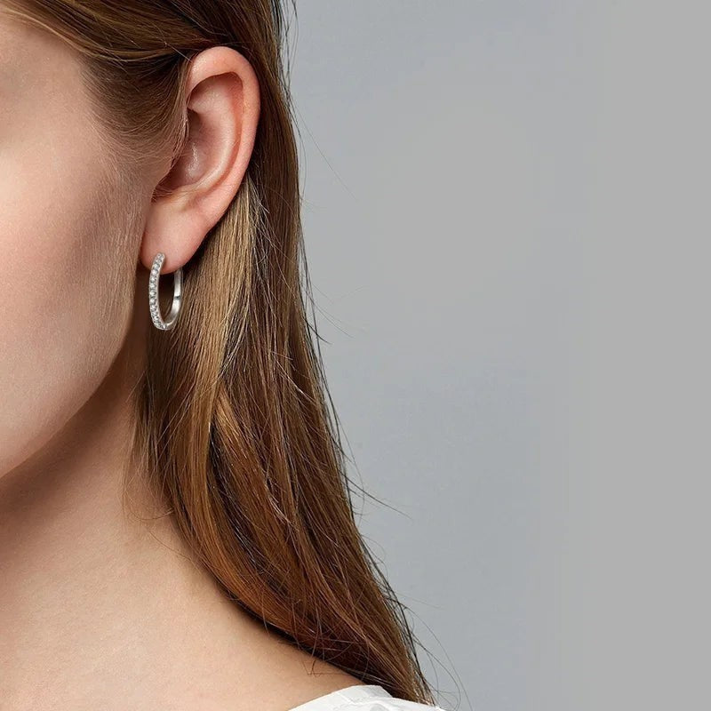 Bee-Bees sterling silver moissanite hoop earrings with D Color VVS1 stones, 18K white gold plated.