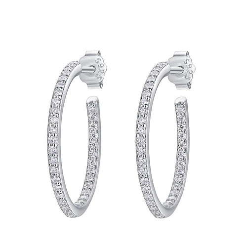 Bee-Bees dainty 1.5mm D color moissanite hoop earrings in sterling silver with white gold plating.