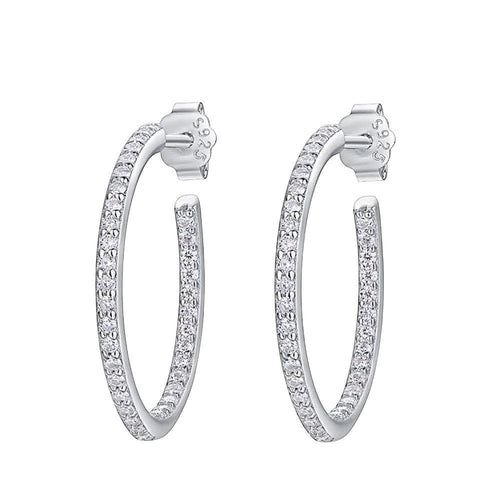 Bee-Bees dainty 1.5mm D color moissanite hoop earrings in sterling silver with white gold plating.