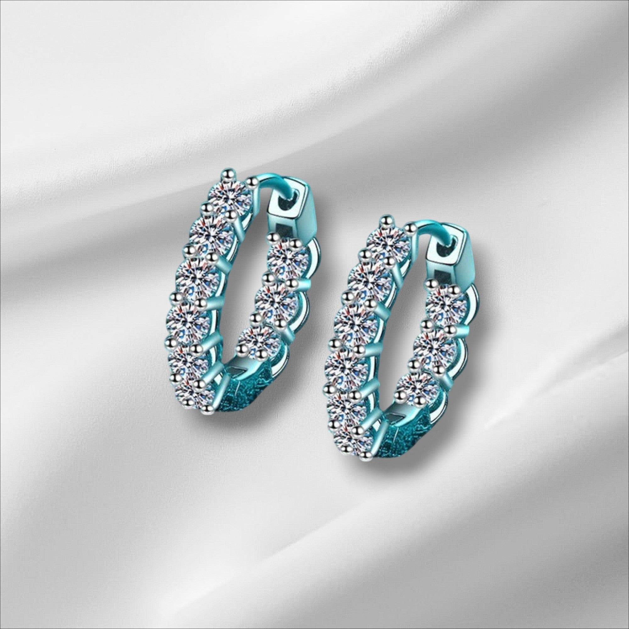 Bee-Bees D Color Moissanite Full Hoop Earrings, 3mm GRA Certified S925 Silver, 18k white gold plated, secure latch back.