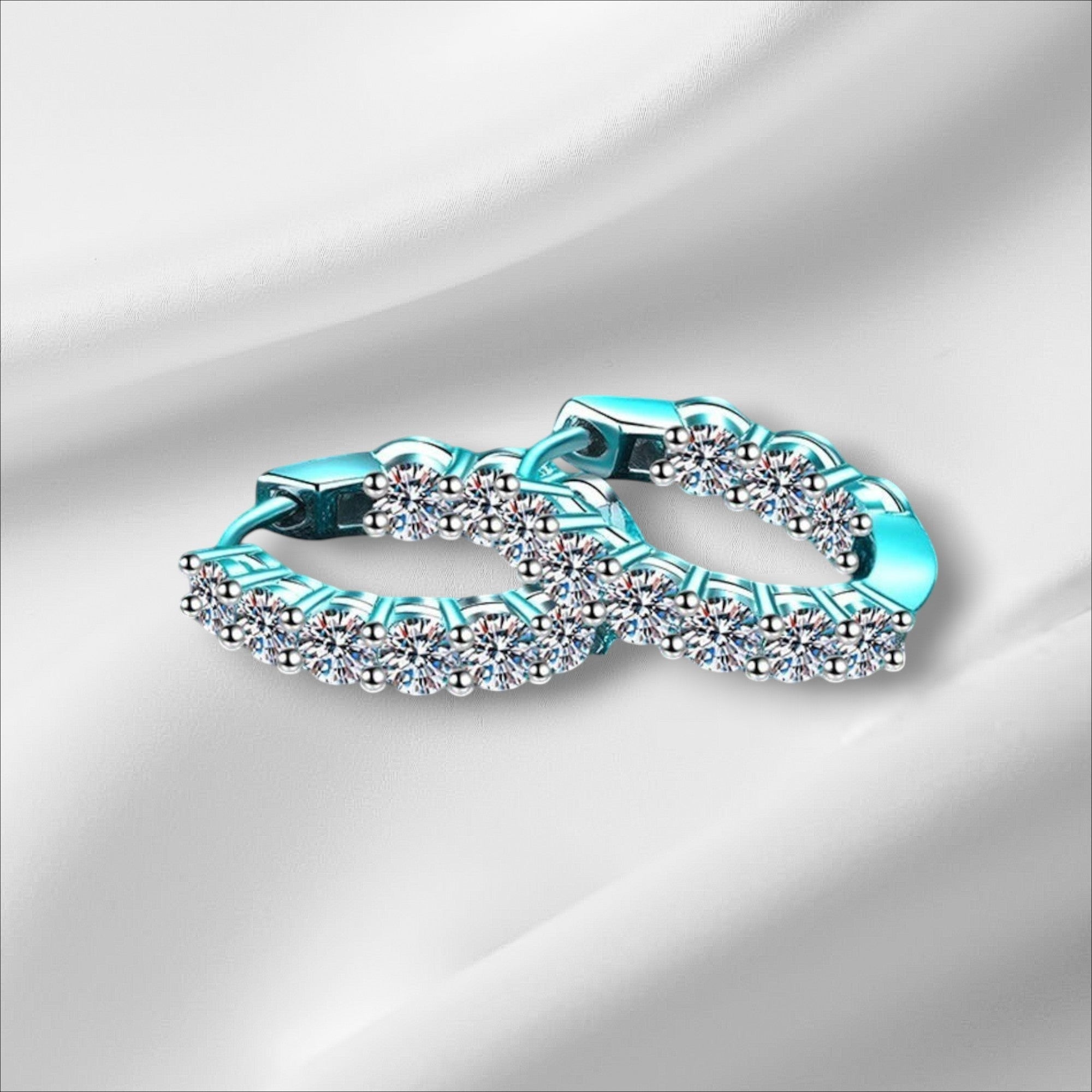 Bee-Bee's D Color Moissanite full hoop earrings, 3mm round brilliant cut stones, S925 sterling silver with 18k white gold plating.