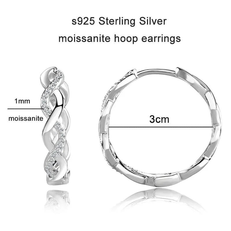 Bee-Bees GRA Certified Moissanite Hoop Earrings in S925 Sterling Silver with 18k White Gold plating. Features a twisted design with small moissanite stones.