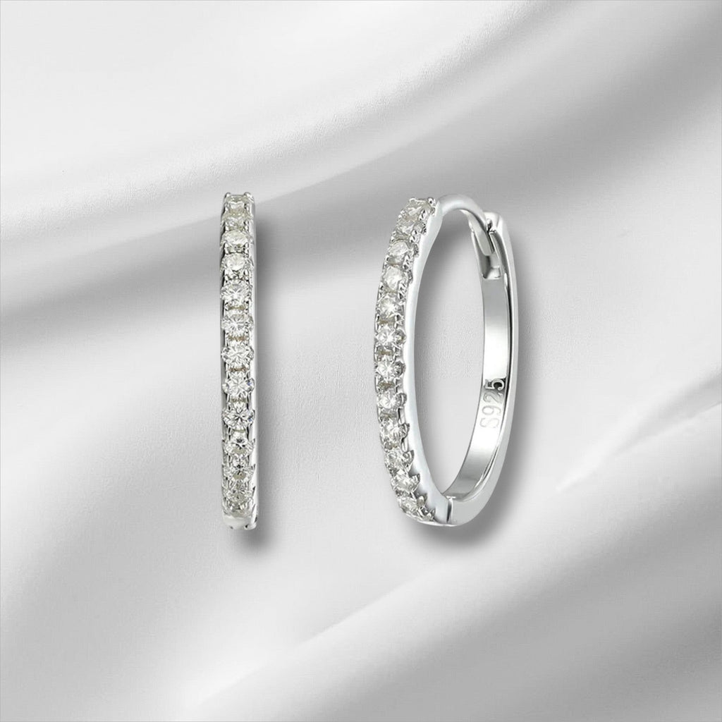Bee-Bee's sterling silver hoop earrings with D Color VVS1 moissanite stones, 18K white gold plated.
