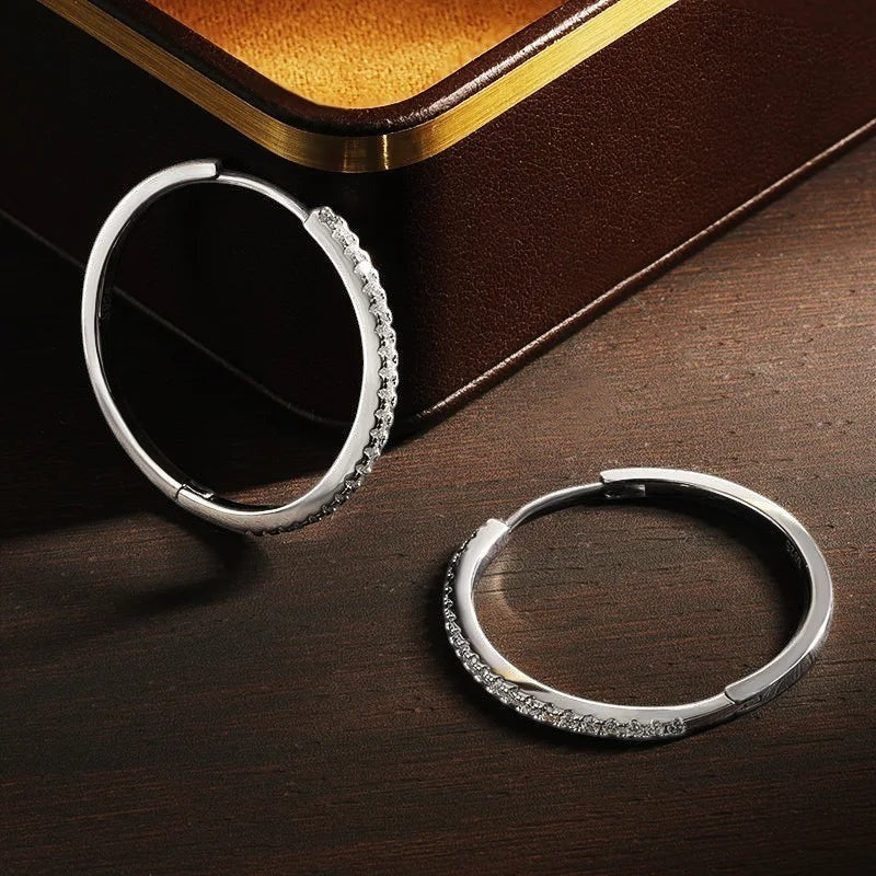 Bee-Bee's sterling silver hoop earrings with D Color VVS1 moissanite stones, 18K white gold plated.