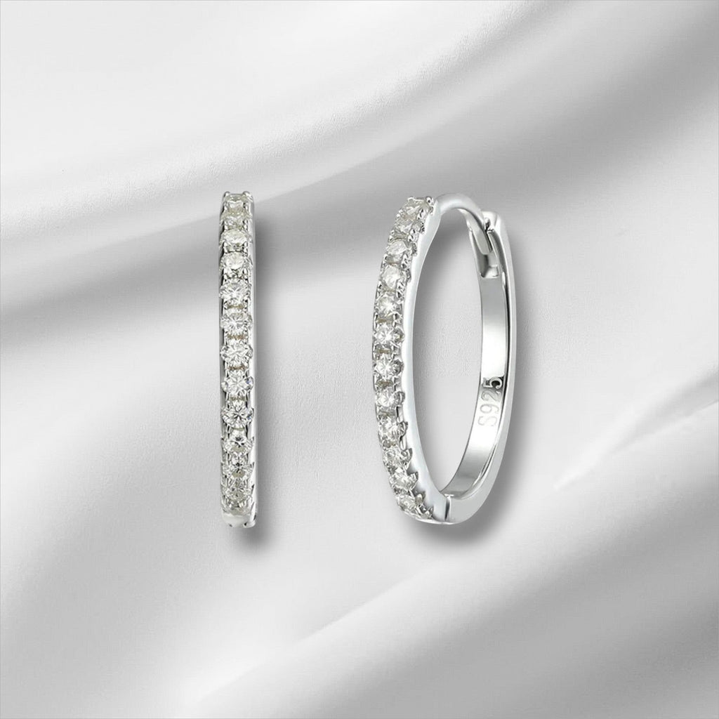 Bee-Bee's sterling silver hoop earrings with D Color VVS1 moissanite stones, 18K white gold plated.