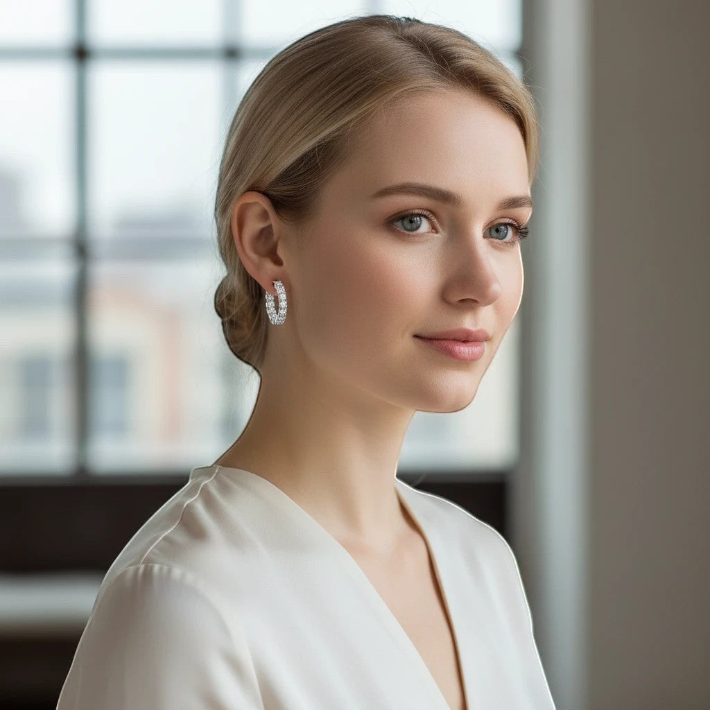Bee-Bees 2.6ctw D Color Moissanite eternity hoop earrings in 18k white gold plated silver with secure latch backing.