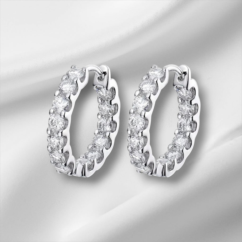 Bee-Bees 2.6ctw D Color Moissanite Eternity Hoop Earrings in 18k White Gold Plated Silver with secure latch backing.