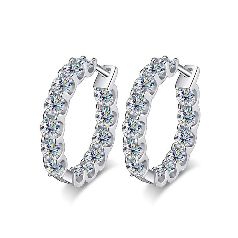 Bee-Bees 2.6ctw D Color Moissanite eternity hoop earrings in 18k white gold plated sterling silver.