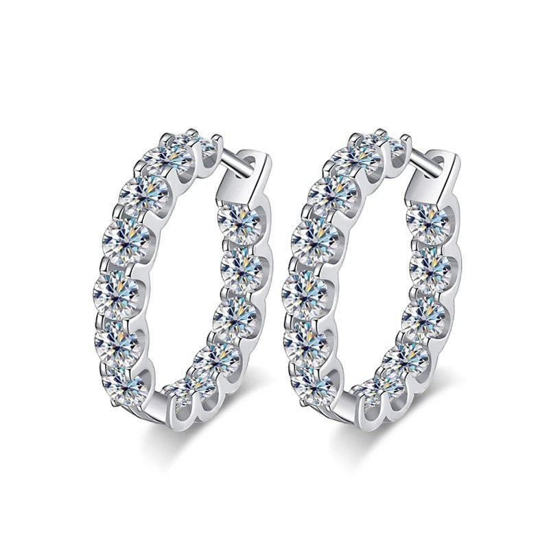 Bee-Bees 2.6ctw D Color Moissanite eternity hoop earrings in 18k white gold plated sterling silver.