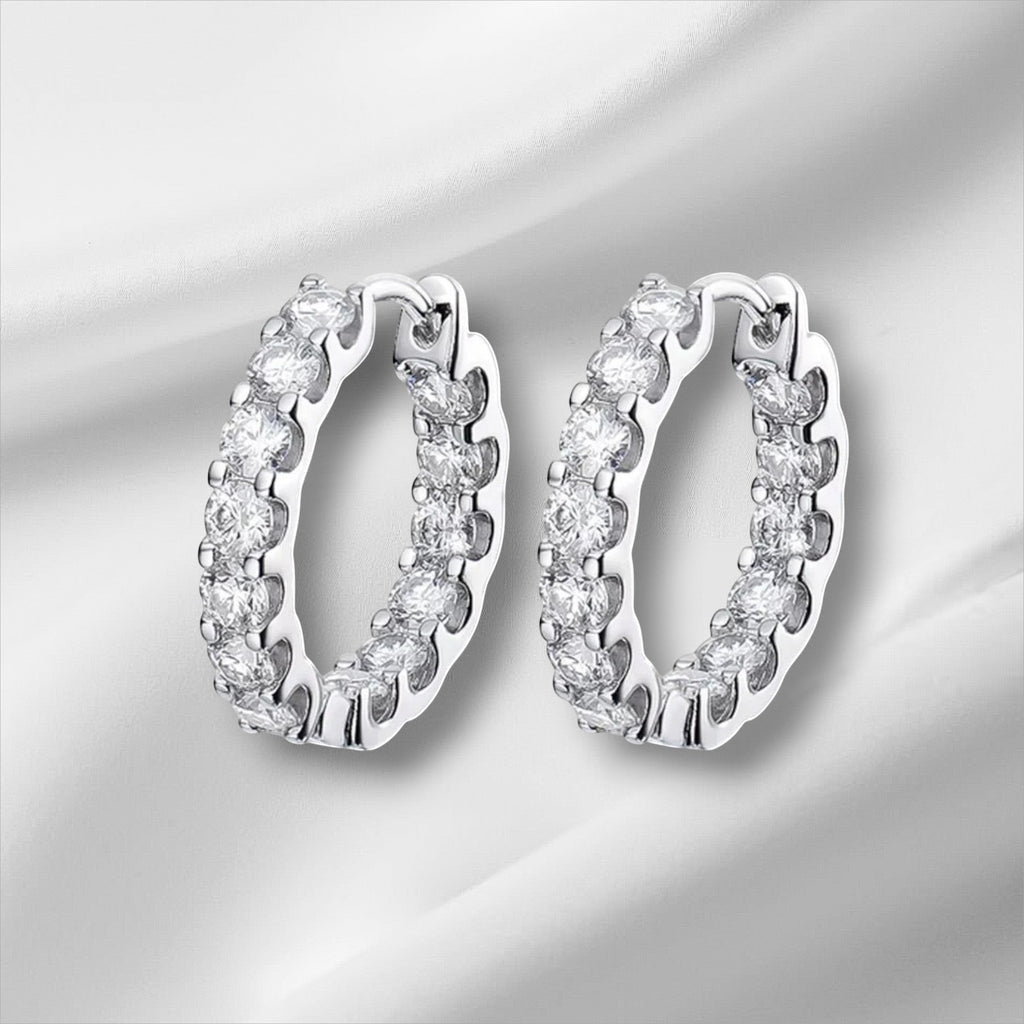 Bee-Bees 2.6ctw D Color Moissanite Eternity Hoop Earrings in 18k White Gold Plated Silver with secure latch backing.