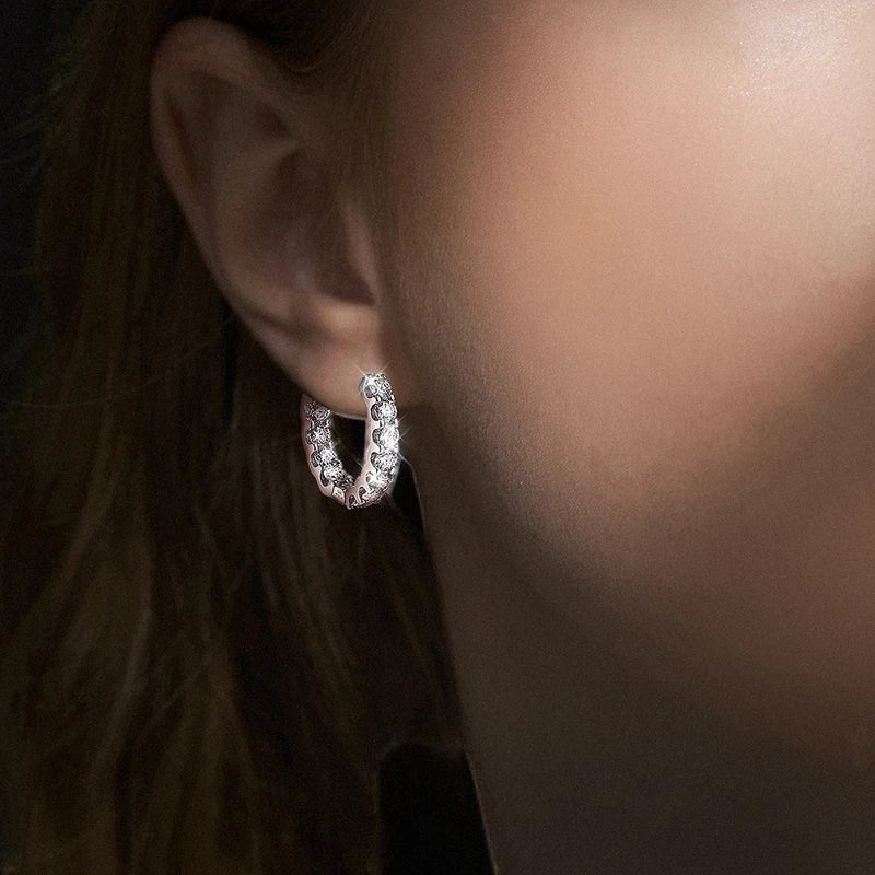 Bee-Bees 2.6ctw Moissanite hoop earrings in 18k white gold plated silver, featuring 3mm round brilliant cut stones.
