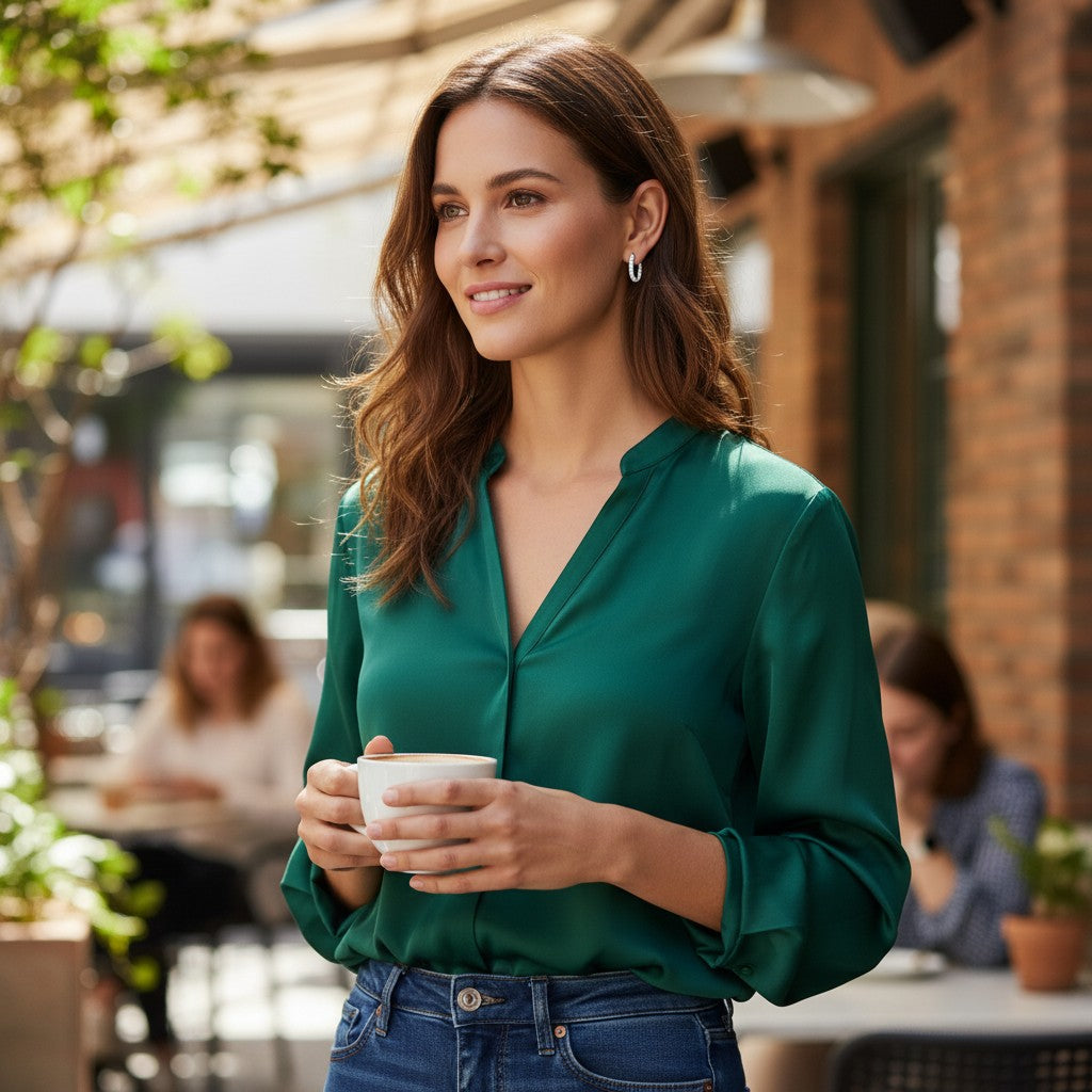 Bee-Bees moissanite hoop earrings in 925 sterling silver worn by a woman in a green blouse at an outdoor cafe