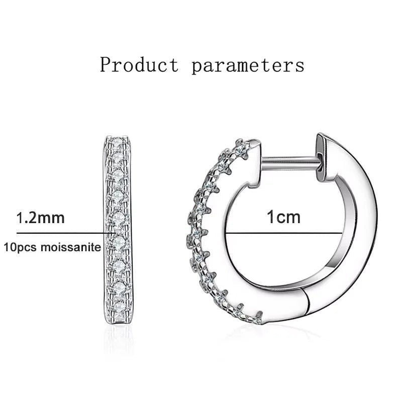 Bee-Bees D Color VVS1 Moissanite Huggie Hoop Earrings in 925 Sterling Silver, 1.2mm stones, 1cm diameter.