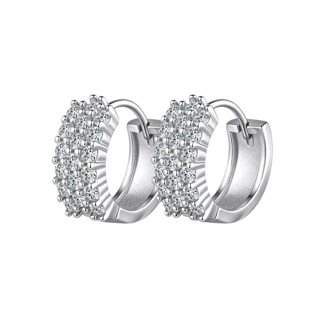 Bee-Bees D Color VVS1 Moissanite Huggie Hoop Earrings in 925 Sterling Silver with 18K White Gold plating.