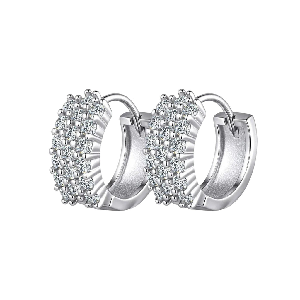 Bee-Bees D Color VVS1 Moissanite Huggie Hoop Earrings in 925 Sterling Silver with 18K White Gold plating.