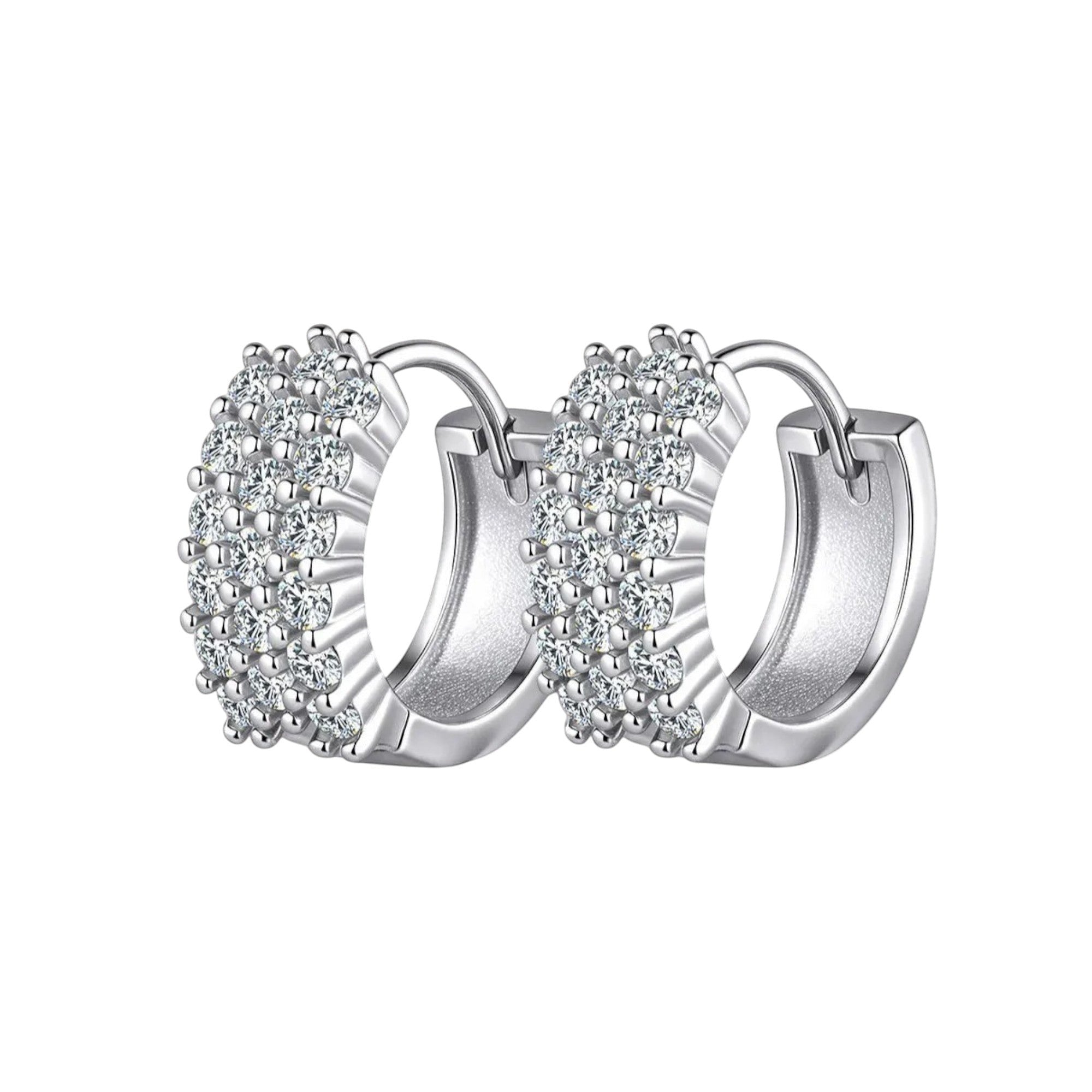 Bee-Bees D Color VVS1 Moissanite Huggie Hoop Earrings in 925 Sterling Silver with 18K White Gold plating.