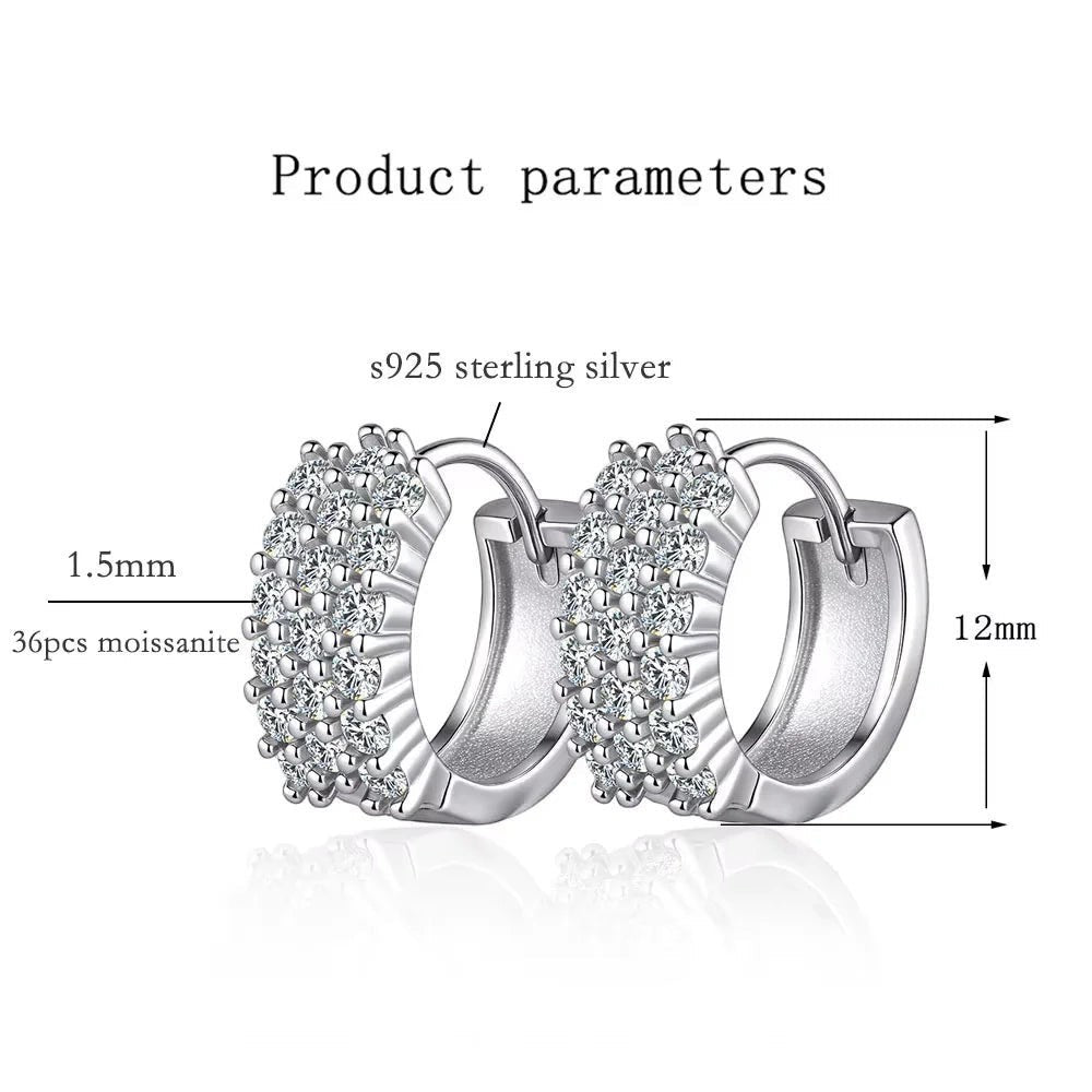Bee-Bees D Color VVS1 Moissanite Huggie Hoop Earrings in 925 Sterling Silver with 18K White Gold plating.