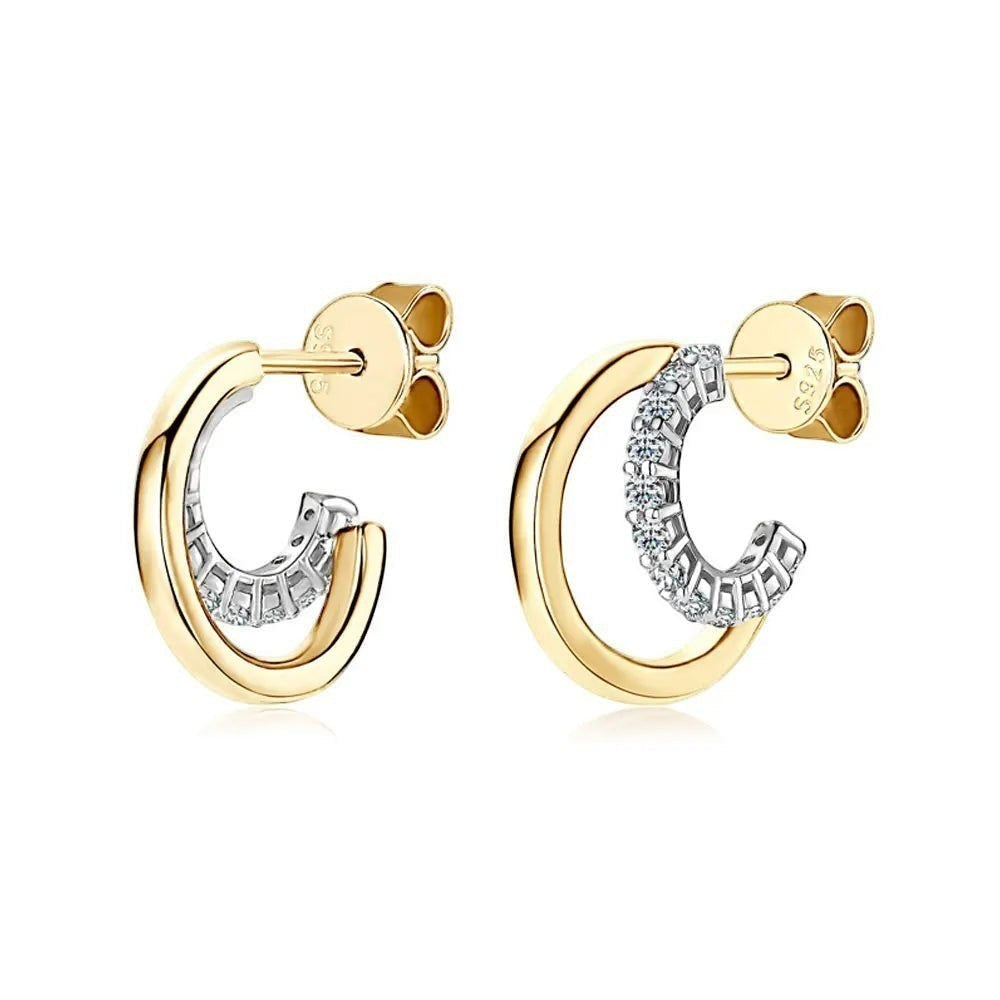Bee-Bee's gold plated sterling silver huggie hoop earrings with pave set D Color VVS1 moissanite stones.