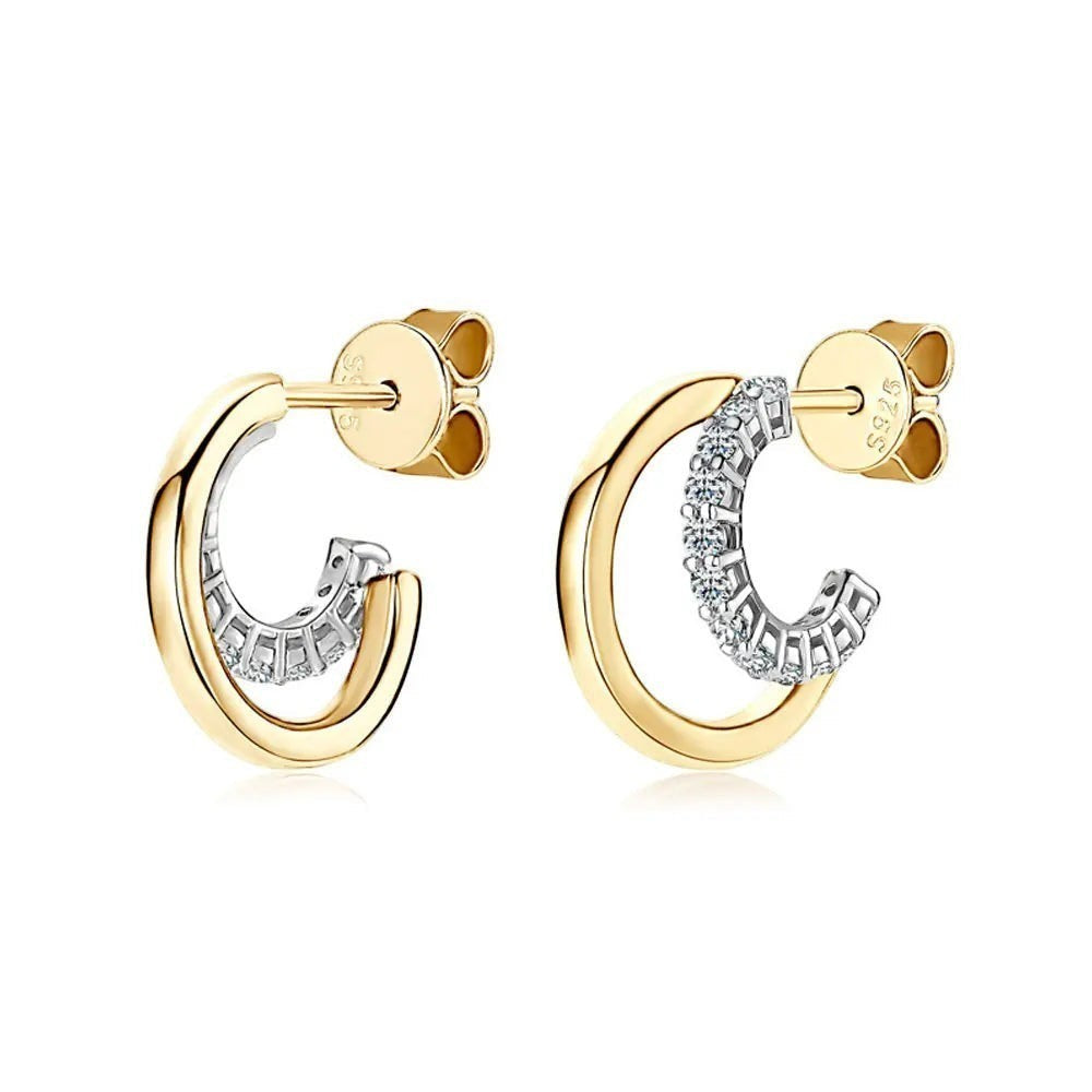 Bee-Bee's gold plated sterling silver huggie hoop earrings with pave set D Color VVS1 moissanite stones.