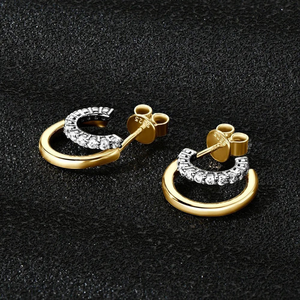 Bee-Bee's 18K gold plated sterling silver huggie hoop earrings with D color VVS1 moissanite stones.