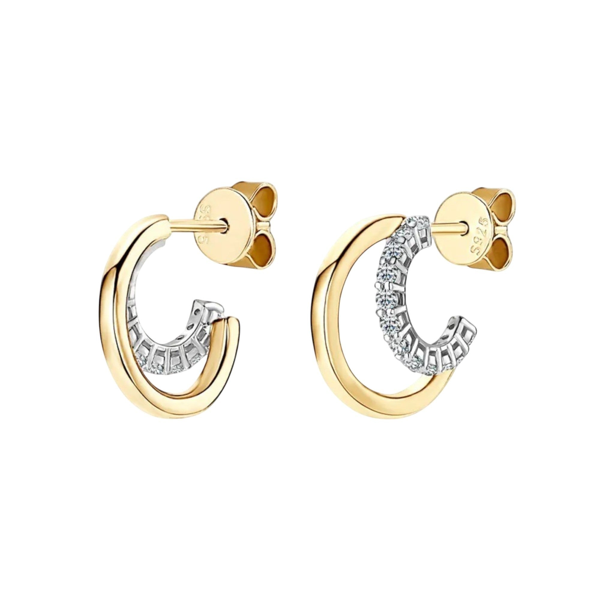 Bee-Bee's 18K gold plated sterling silver huggie hoop earrings with pave-set D Color VVS1 moissanite stones.