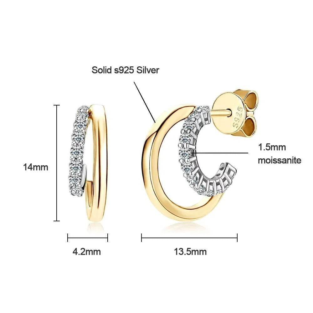 Bee-Bee's 18K gold plated sterling silver huggie hoop earrings with pave-set D Color VVS1 moissanite stones.