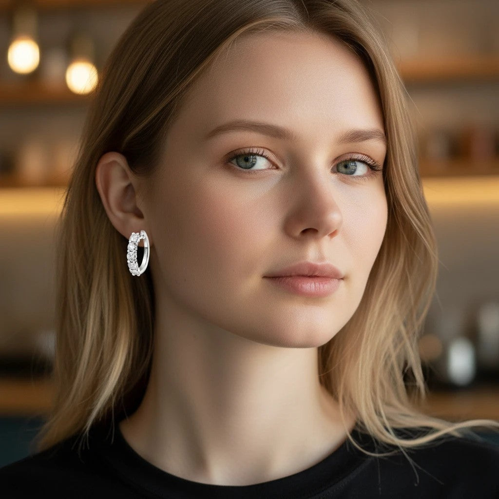 Bee-Bee's white gold plated sterling silver loop dangle earrings with 3mm & 4mm D color moissanite stones.