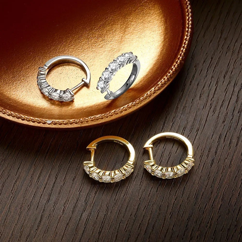 Bee-Bees round moissanite loop dangle earrings in silver and gold, featuring 3mm & 4mm stones.