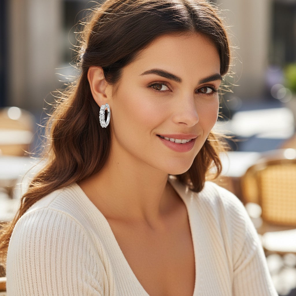 Bee-Bees round moissanite loop dangle earrings in S925 silver worn by a woman in a white top.