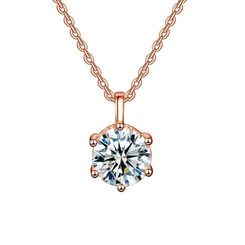 Bee-Bee's 2ct D Color Moissanite pendant necklace in 925 Sterling Silver with a rose gold chain and 6-prong setting.