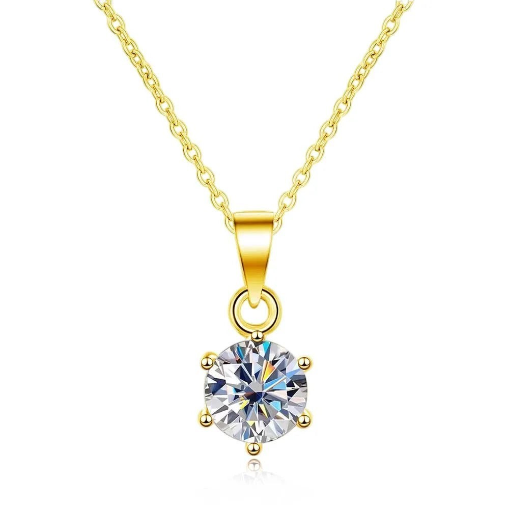 Bee-Bee's classic pear cut moissanite necklace in 925 sterling silver with gold plating. Features a round brilliant cut center stone.