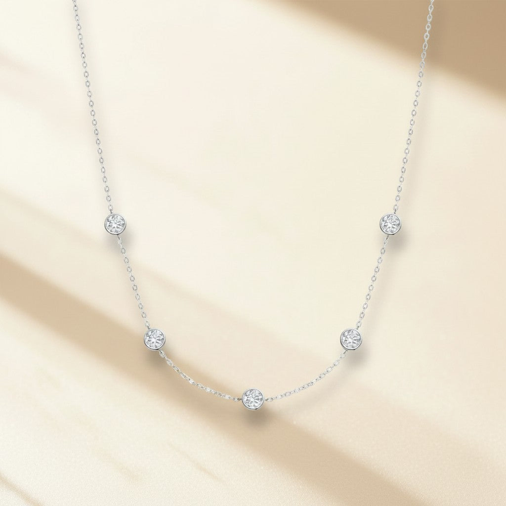 Bee-Bees delicate 925 sterling silver necklace with five round brilliant moissanite stones, D color, VVS1 clarity.