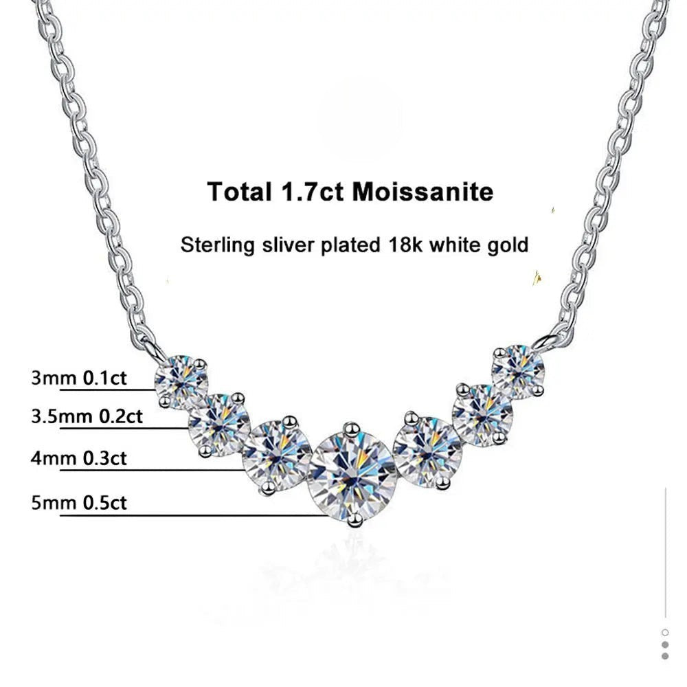 Bee-Bee's sterling silver necklace with 1.7ct total weight D Color VVS1 moissanite stones in graduating sizes, plated in 18K white gold.