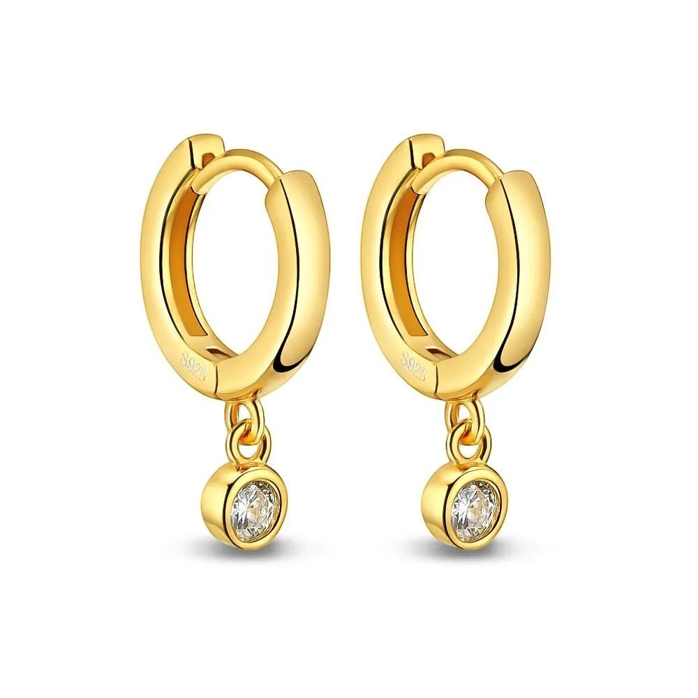 Bee-Bee's gold plated sterling silver hoop earrings with a single moissanite drop pendant. D color VVS1.