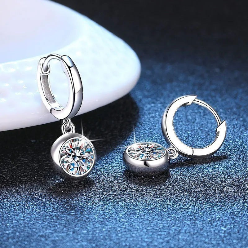 Bee-Bee's sterling silver hoop earrings with D color VVS1 moissanite drop pendant, 18K white gold plated.