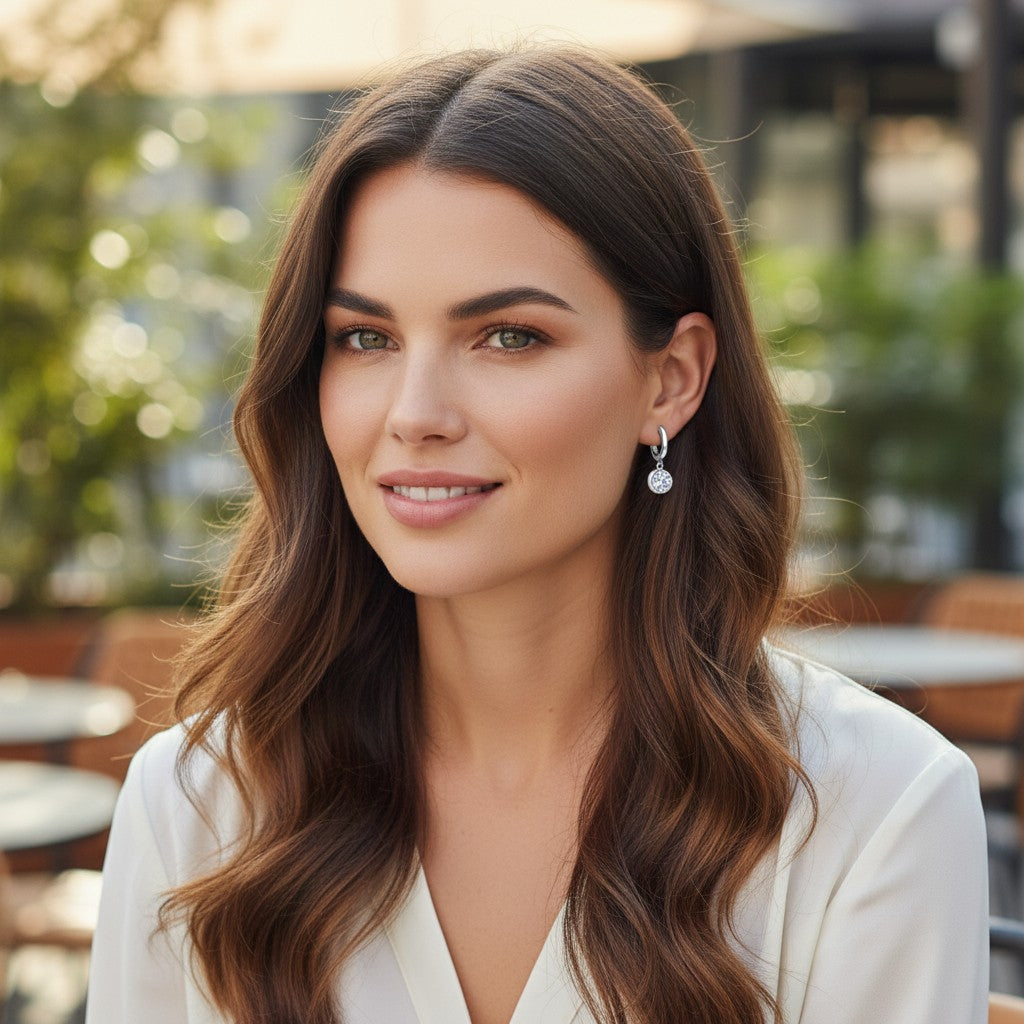 Bee-Bees moissanite pendant hoop earrings in 925 sterling silver worn by a woman with long wavy hair