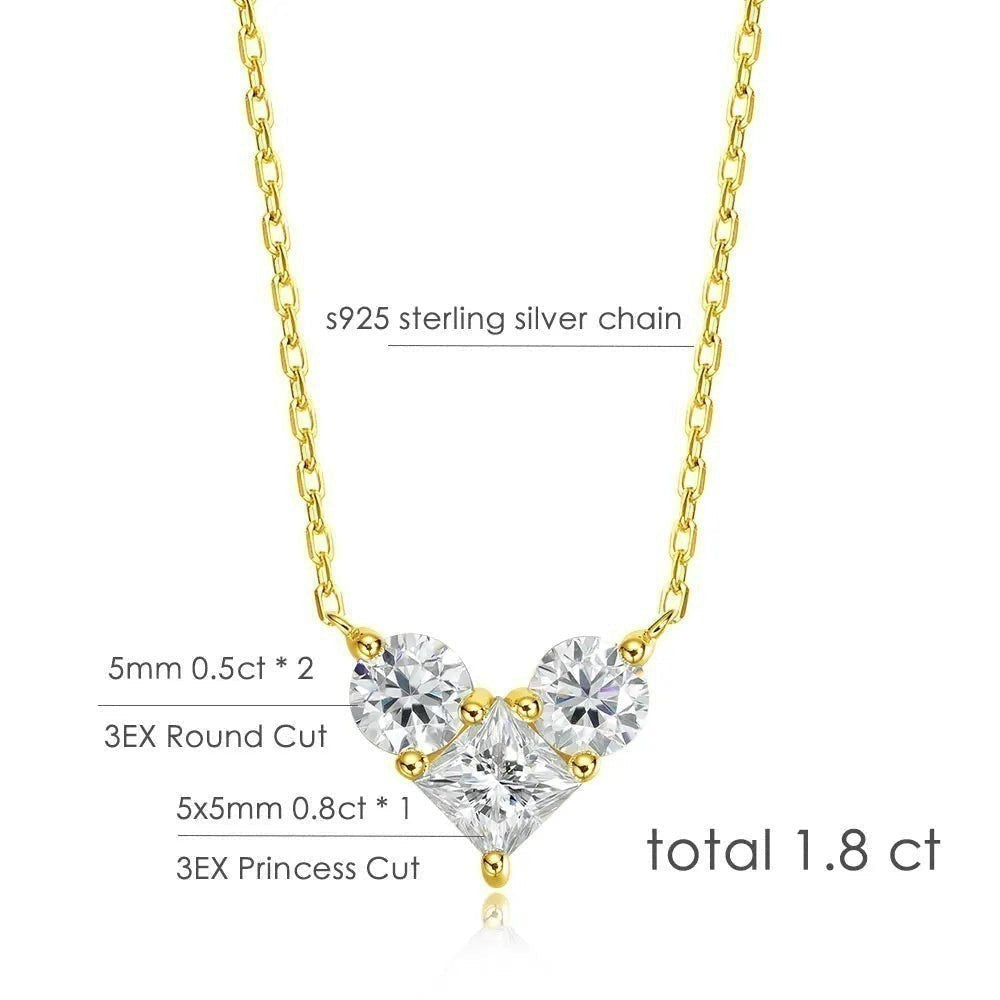 Bee-Bees 1.8ct total weight moissanite pendant necklace in 925 sterling silver with 3EX round and princess cut stones.