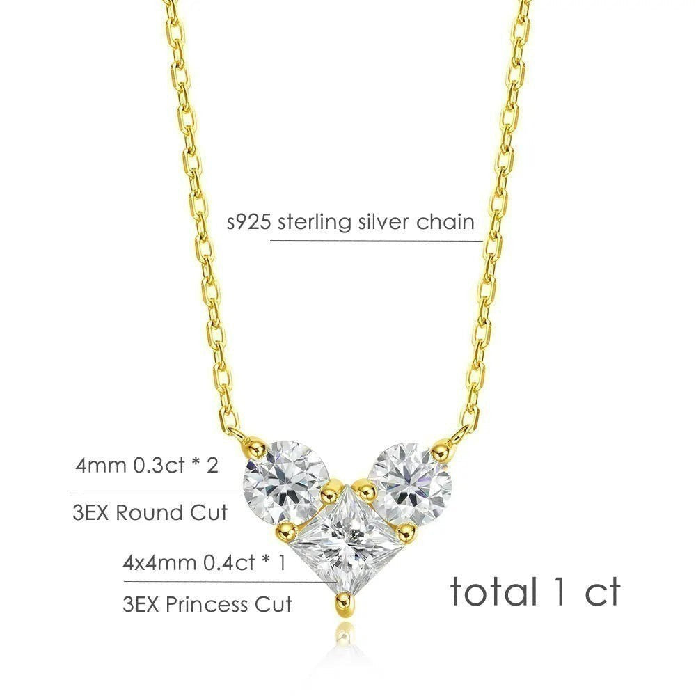 Bee-Bees 1ct total weight moissanite pendant necklace in 925 sterling silver with a 45cm chain. Features two round brilliant cut stones and one princess cut stone.