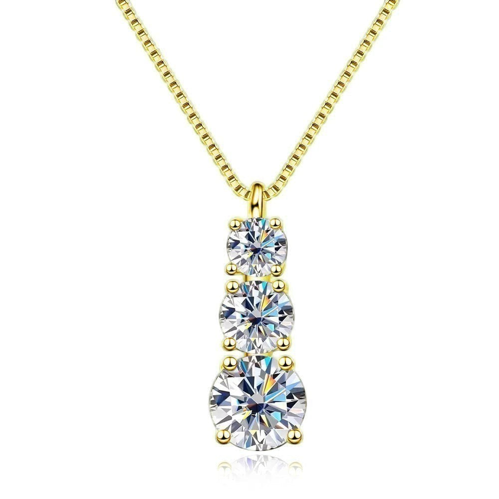 Bee-Bees yellow gold plated 925 silver necklace with three round brilliant cut moissanite stones in D color VVS1 clarity.