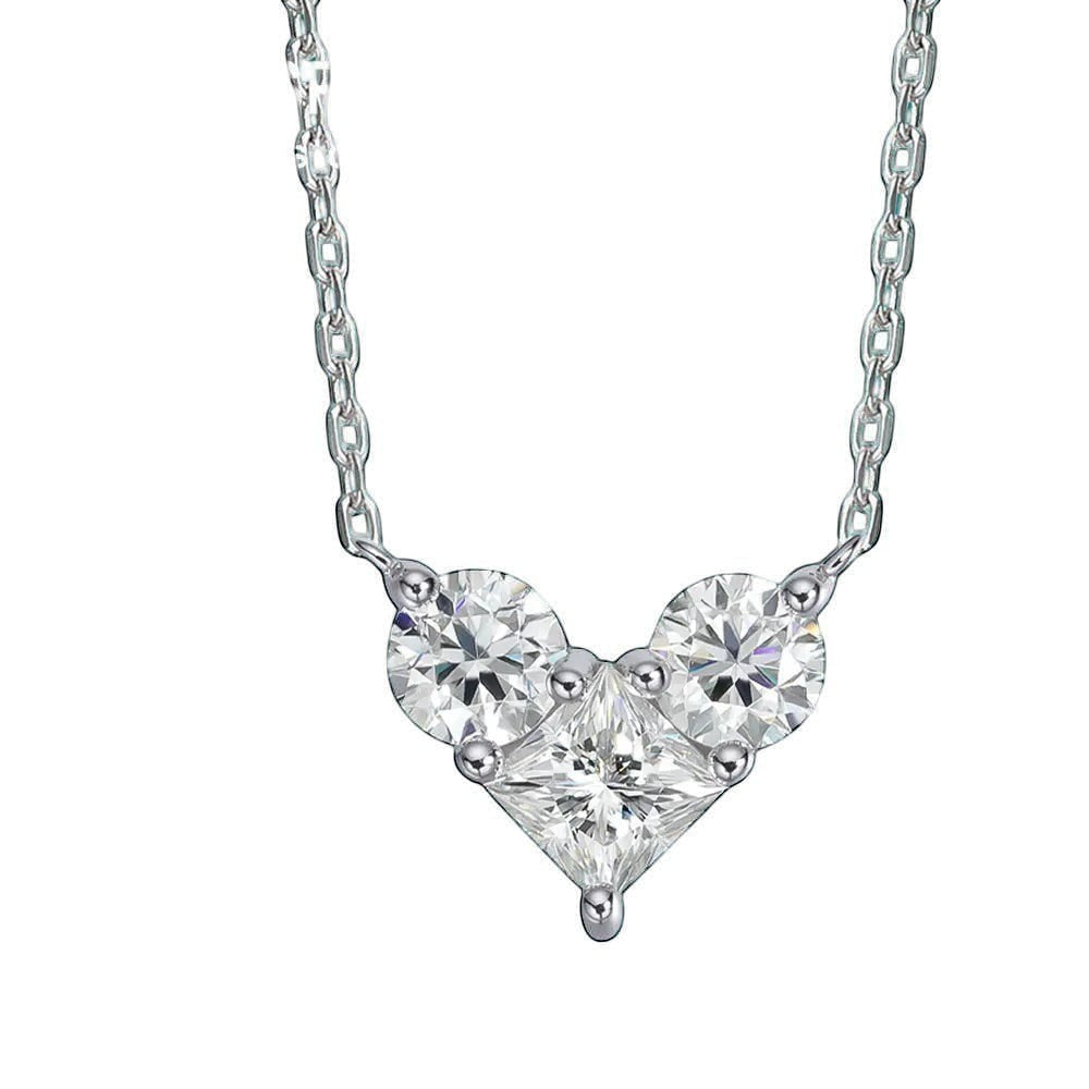 Bee-Bees sterling silver necklace with a pendant featuring three clear moissanite stones: two round brilliant cuts flanking a central princess cut.