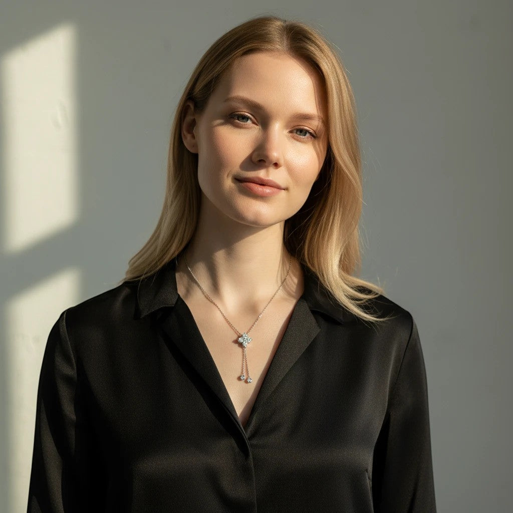 Bee-Bees dainty 4mm moissanite pendant necklace in s925 sterling silver worn by a blonde woman in a black silk shirt